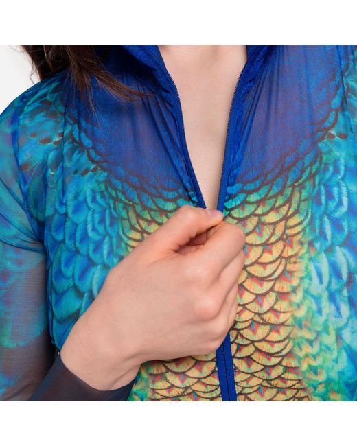 Rodasoleil Smart Swimwear Blue Tan-Through Mesh One-Piece Zipper Swimsuit With Sleeves Peacock Mayura
