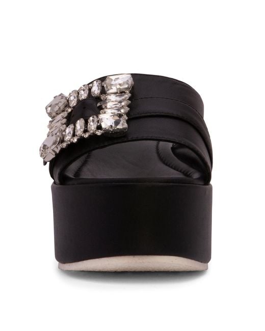 Beautiisoles by Robyn Shreiber Made in Italy Black Dita Leather Comfortable Wedge Sandal Espadrille Slide With Jewelry For Elegant Work & Evening