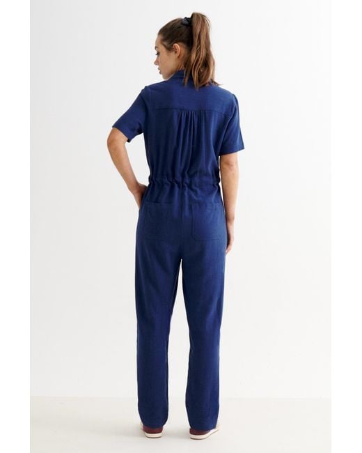 Louche Blue Justin Linen Mix Short Sleeve Jumpsuit