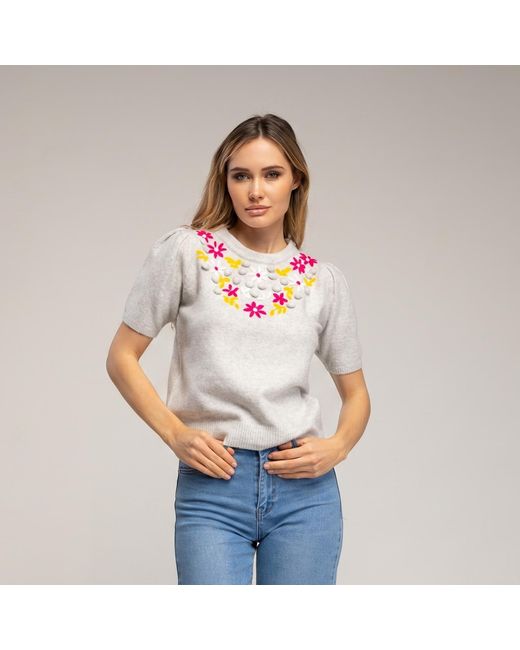 Tantra Spain Sl Gray Short-Sleeved Sweater With Embroidered Flowers