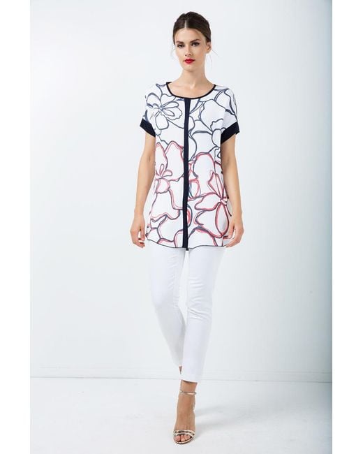 Conquista Black Panel Detail Short Sleeve Print Top