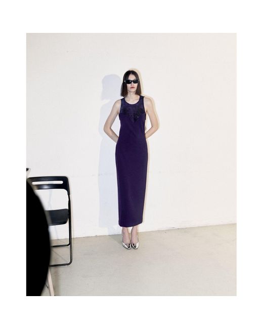 Monosuit Purple Sleeveless Crew Neck Backless Lace Belted Bodycon Evening Midi Dress Politically Correct