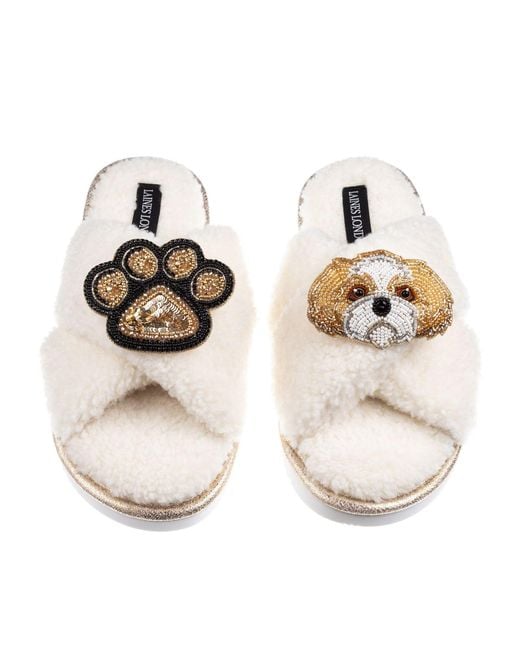 Laines London Metallic Neutrals Boucle Slippers With Paw & & Shih Tzu Brooches