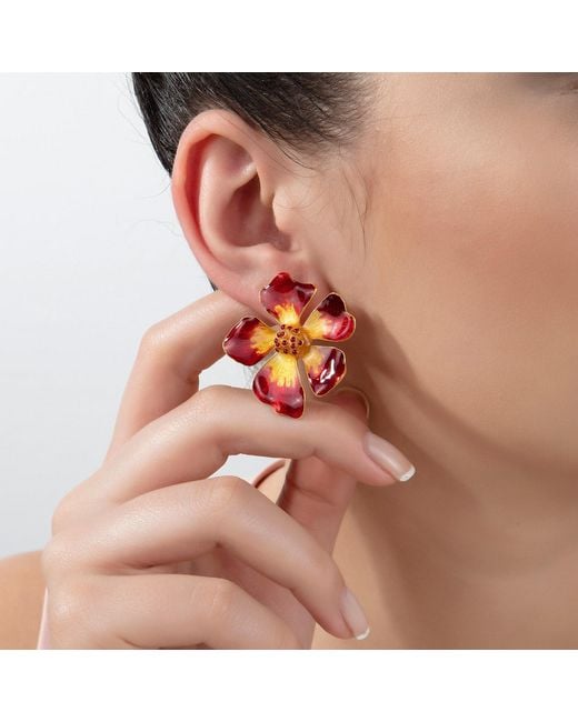 Milou Jewelry Red & Yellow Wild Rose Flower Earrings