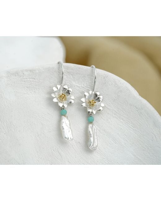 Isla Silver Metallic Sterling Baroque Pearl & Flower Dangle Earrings With Aventurine Bead