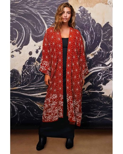 Artemis Muse Asanoha & Peony Embroidered Terracotta Fully Lined Long Kimono