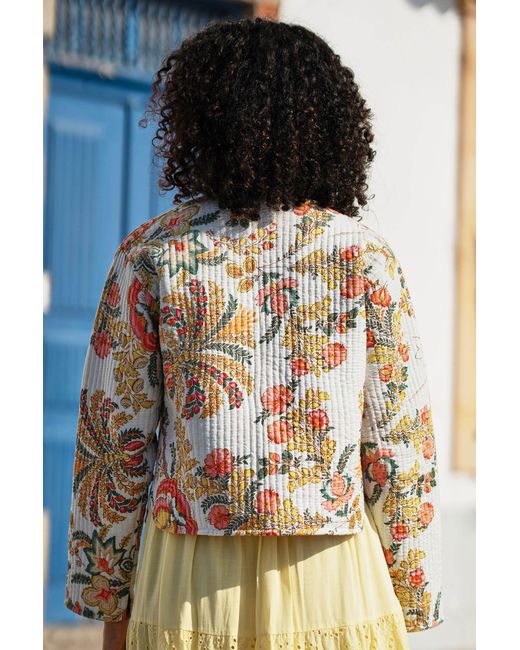 Yumi' White Boho Print Cotton Reversible Quilted Jacket