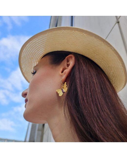 Farra Metallic Butterfly With Amethyst Stone Dangle Earrings