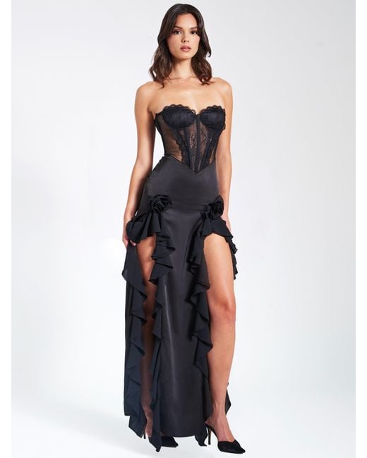 Miss Circle New York Black Talia Satin Lace Corset Maxi Dress