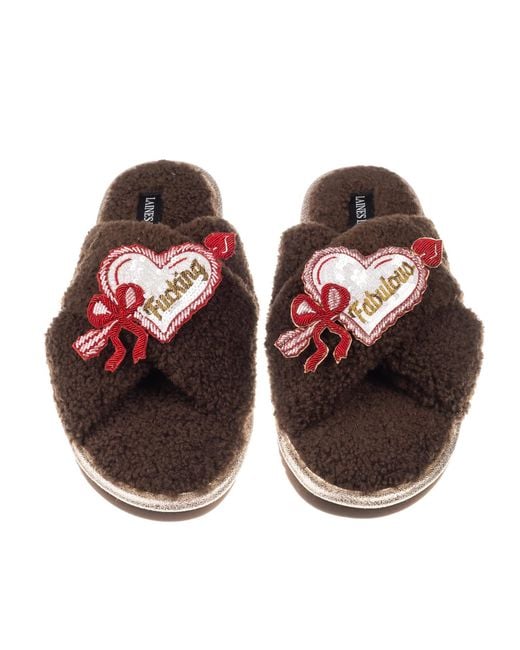Laines London Orange Neutrals Neutral Boucle Slippers With Fucking Fabulous Hearts Brooches