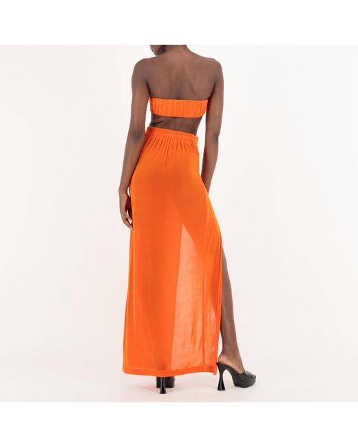 Úchè Orange Deep V High Slit Skirt With Matching Deep V Tube Top Set