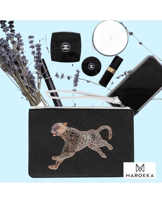 Marokka Design Black Cheetah Medium Clutch Bag Saffiano Leather Finish