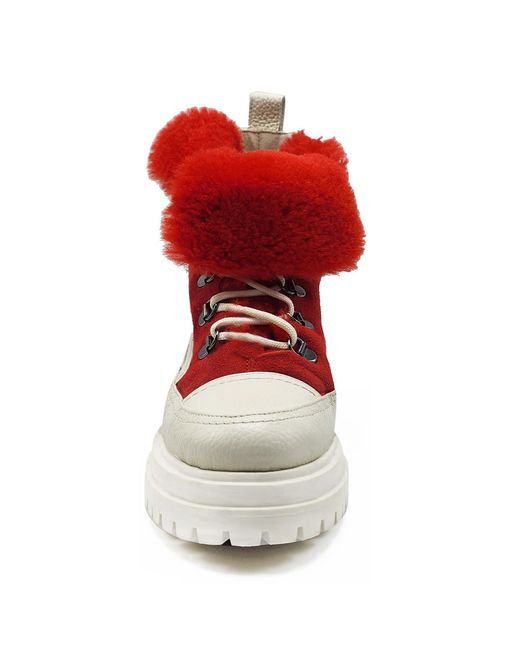 Beautiisoles by Robyn Shreiber Made in Italy Red Francy Leather & Faux Fur Comfortable Ankle Hiking Valentine Bootie