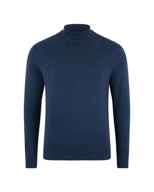 Paul James Knitwear Blue Ultra Fine Cotton Mock Turtle Neck Spencer Jumper for men