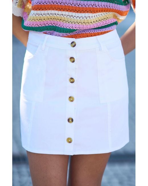 Yumi' White Cotton Stretch Mini Skirt With Button Details