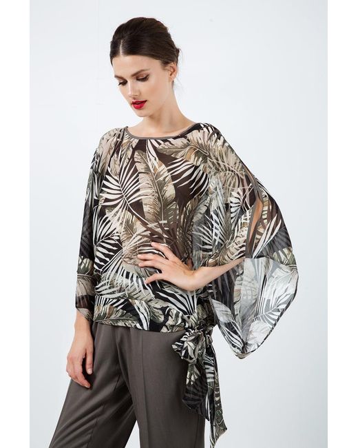 Conquista Green Print Chiffon Batwing Top