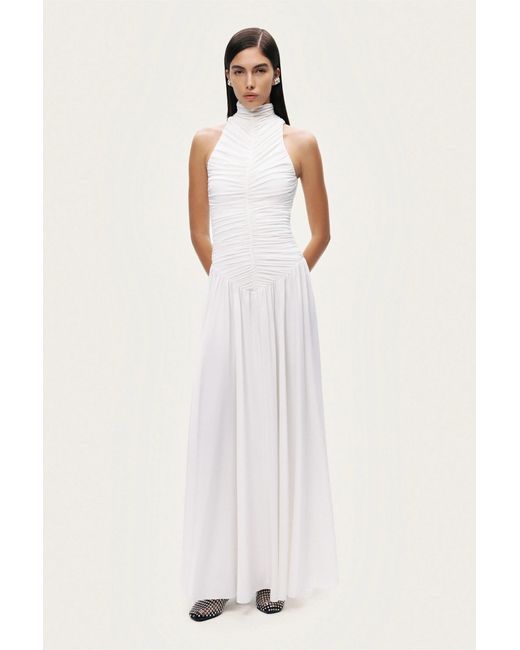 Nocturne White Ruched High-Neck Maxi Dress