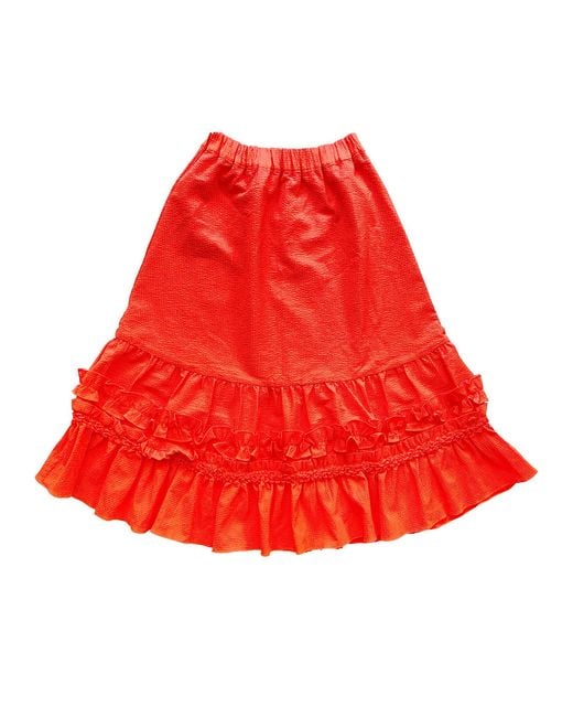 Arto. Red Summer Cotton Textural Smocking Midi Skirt