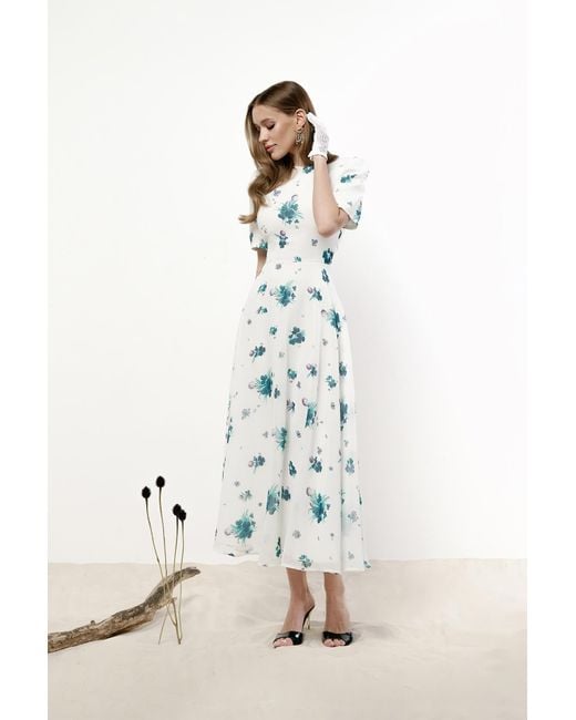 POST MERIDIEM White Floral Short Sleeve Midi Dress