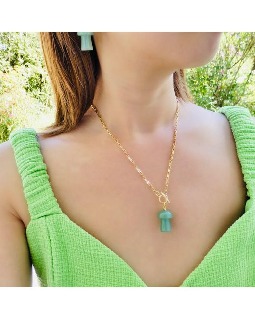 VALERIE CHIC Metallic Mushroom Aventurine Necklace Vintage Style 18K