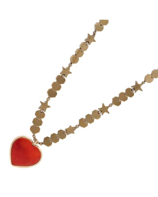 Ebru Jewelry Red Murano Glass Heart Pendant Heart & Star Beaded Necklace