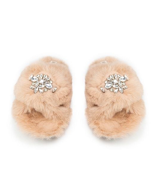Rettrose Natural Neutrals Audrey Mink Luxury Plush Diamanté Embellished Handmade Slipper