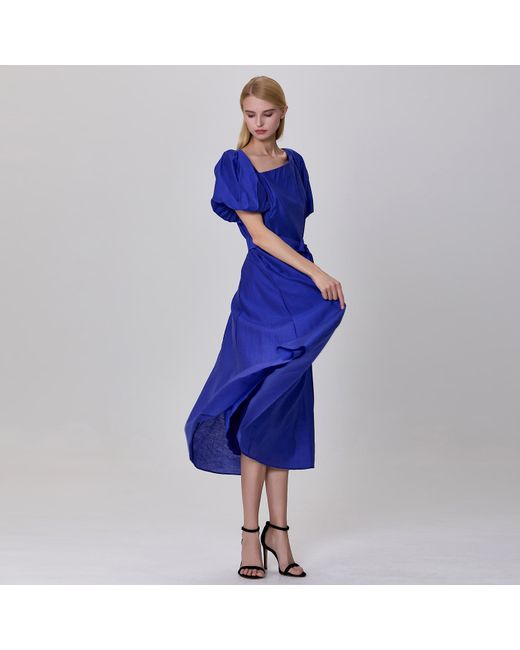Smart and Joy Blue Fit-And-Flare Asymmetric Collar Dress