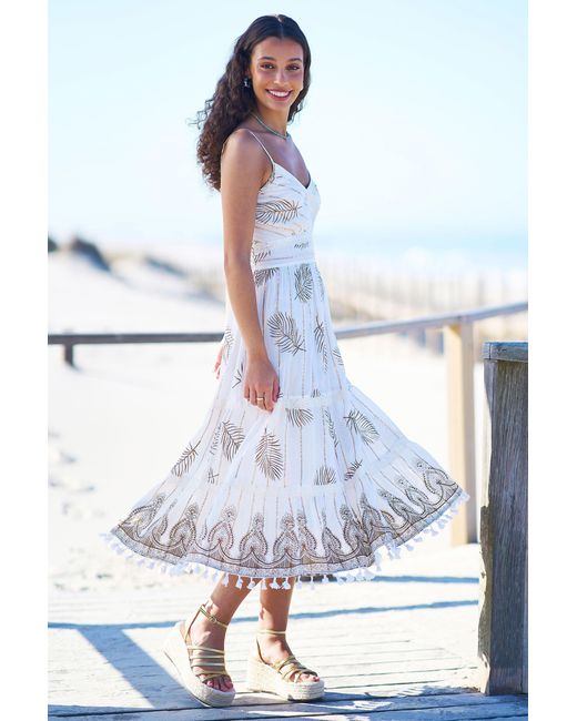 Yumi' Blue Neutrals Ivory Foil Print Midi Sun Dress With Lace Trims