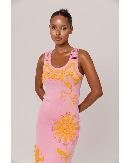 Andreeva White Golden Daisy Knit Dress With Handmade Embroidery