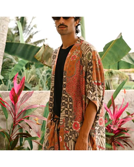 ORIGIN OF HEARTS Brown Marei Floral Print Satin Kimono Shirt For Resort Living for men