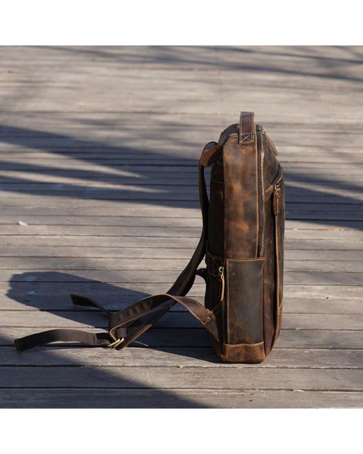 Touri Brown Minimalist Zip Open Leather Backpack for men