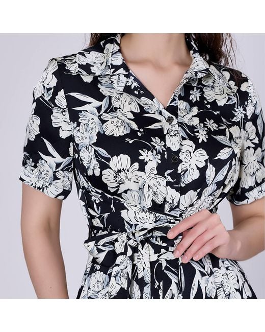 Smart and Joy Black Macro Flower Print Midi Shirt-Dress