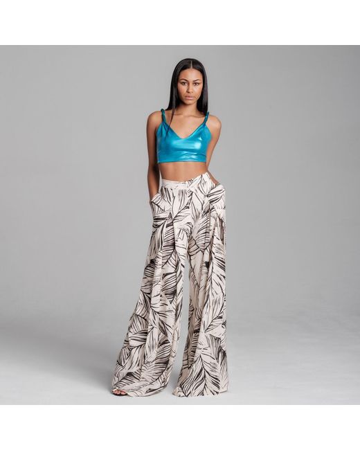 Imaatu Natural Neutrals Sande Palms Butter Sustainable Viscose High-Waist Wide-Leg Palazzo Trousers With Pockets Tropical Print