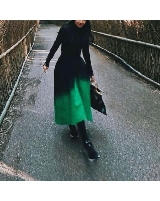Arto. Green High-Low Hem High Waisted Knitted Midi Skirt