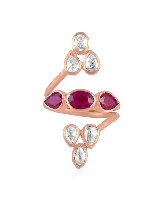 Artisan Pink Rose Gold Uncut Diamond Ruby Cocktail Ring Handmade
