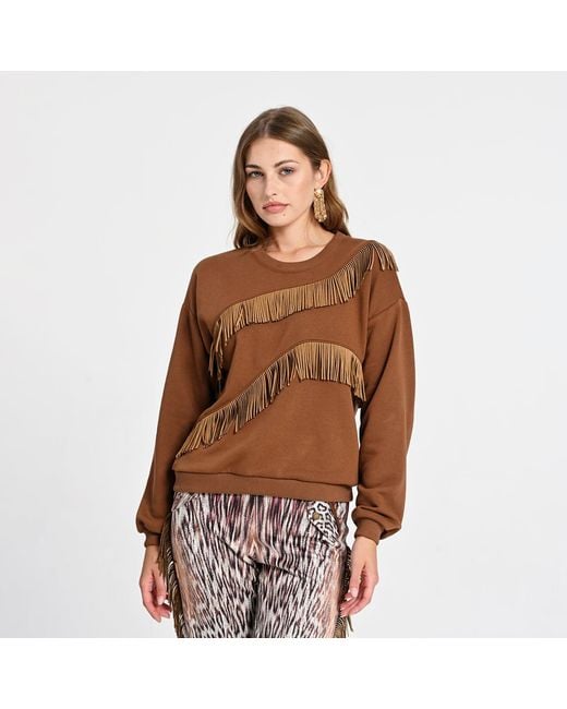 Lalipop Design Brown Sweatshirt With Fringe Details