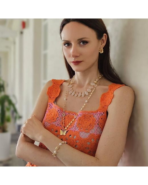 Farra Metallic Butterfly Pendant With Rose Quartz Stones Long Necklace
