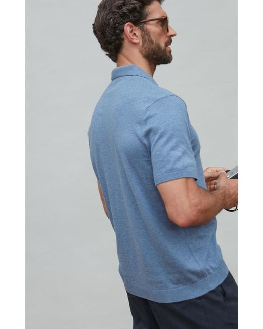 Paul James Knitwear Blue Ultra Fine Cotton Nathan Buttonless Polo Shirt for men