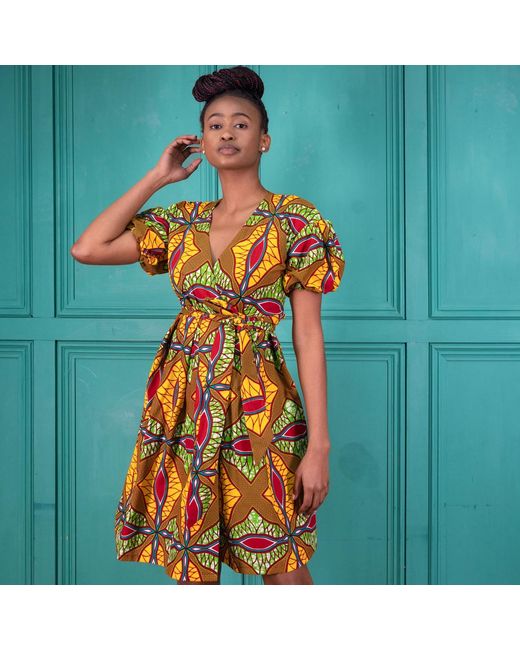 Ohema Ohene Yellow Cotton Floral Wrap Midi Dress