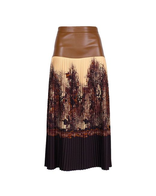 Lalipop Design Brown Neutrals All-Over Graphic Design Pleated Skirt With Vegan Leather Detailing