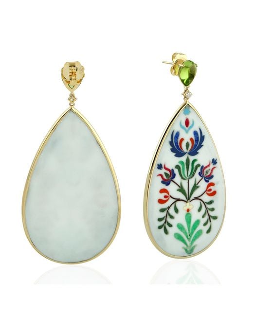 Artisan Multicolor 18k Yellow Gold Flower Enamel Dangle Earrings Diamond Peridot Gemstone Jewelry