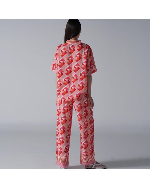 LOVEIST STORE Red Coral Geometric Co-Ord Set – Relaxed Fit Shirt & Wide-Leg Trousers