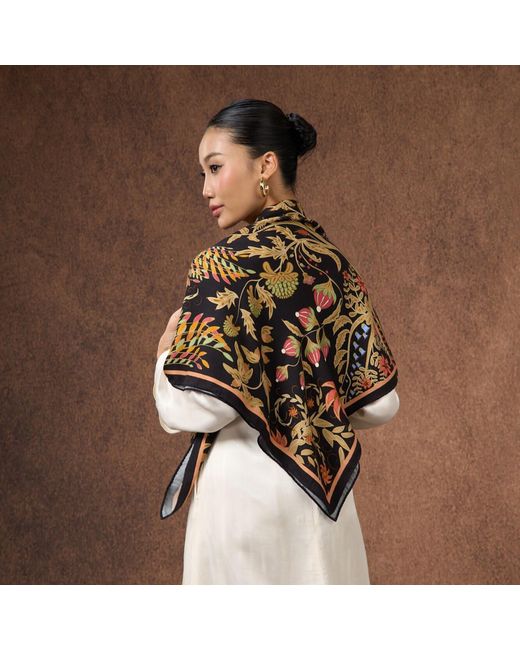 Silk and Bears Black Phoenix Garden Wool Silk Scarf – Floral Wrap, Hand-Rolled Hem, Winter Gift