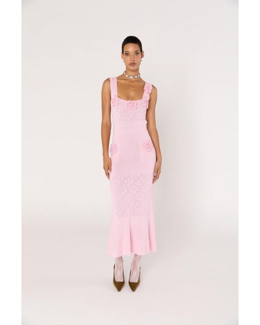 Andreeva Pink Rose Vanilla Knit Dress With Handmade Knit Details