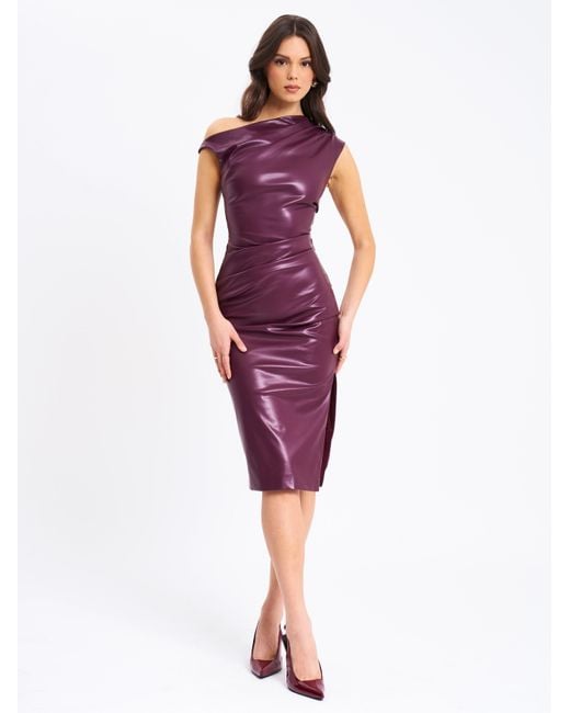 Miss Circle New York Purple Sabina Leather Slash Neck Midi Dress