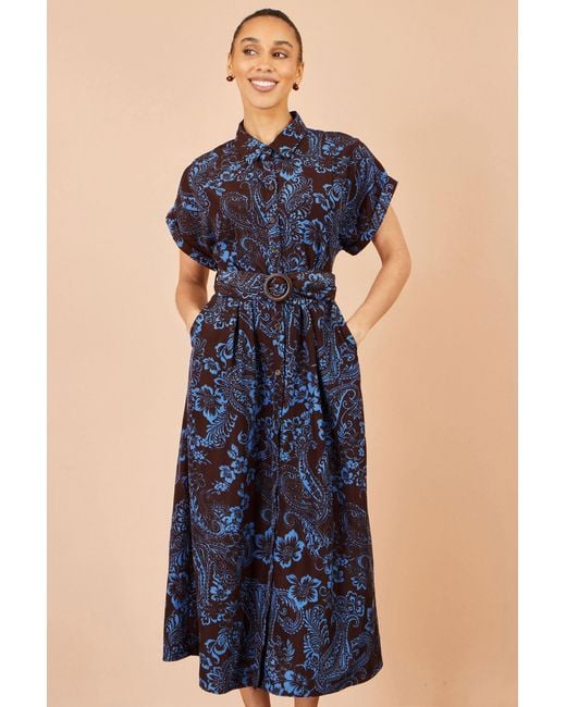 Yumi' Blue Paisley Midi Shirt Dress