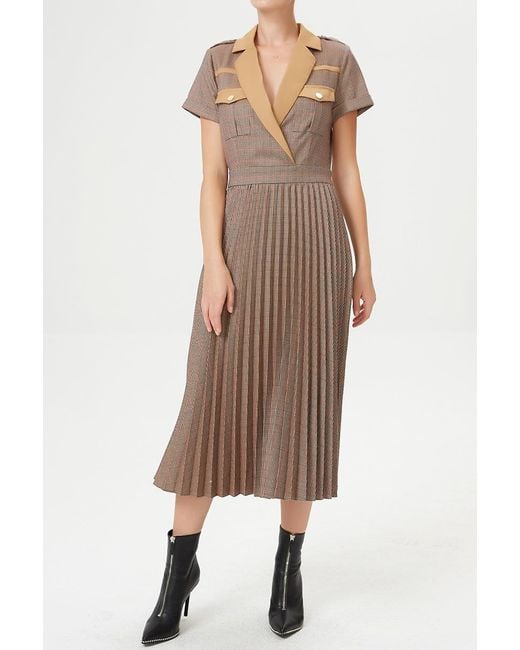 Smart and Joy Brown Prince Of Wales Fabric Pleated Dress