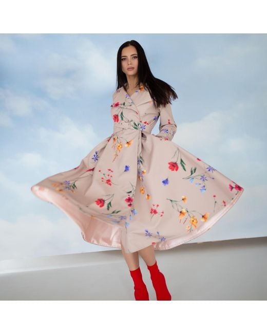 RainSisters Pink Beige Waterproof Trench Coat With Colourful Flower Print: Spring Bloom