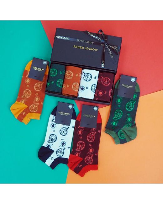 Peper Harow - Made in England Black Paisley Trainer Socks Gift Box for men