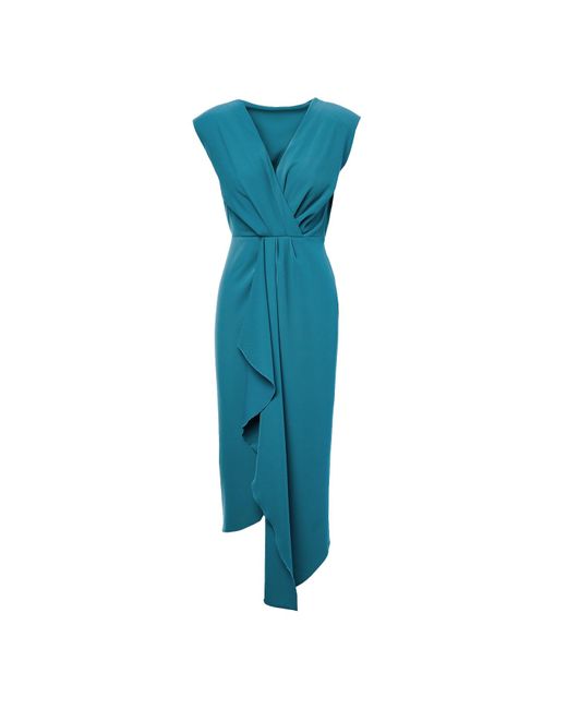 BLUZAT Blue Turqouise Midi Dress With Draping And Pleats
